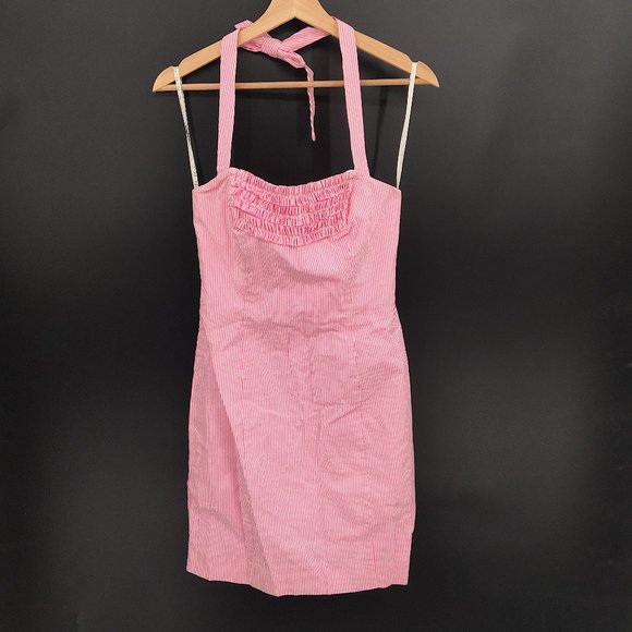 Lilly Pulitzer halter top bodycon shift dress pink seersucker ruffles 2 women's - Picture 1 of 11